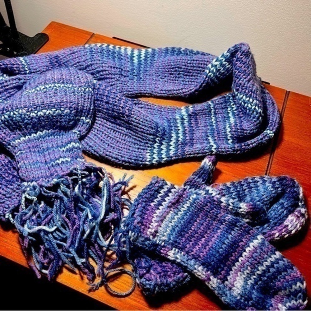 Handmade Knitted Scarf and Matching Mittens Purple